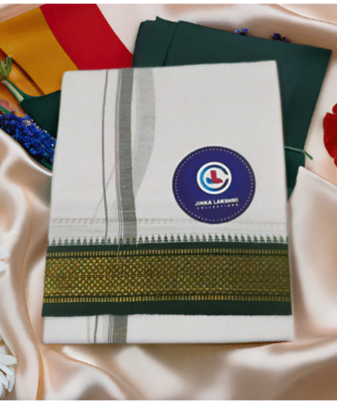 White Cotton Lungi With Green Border 2 Meters Unstitched