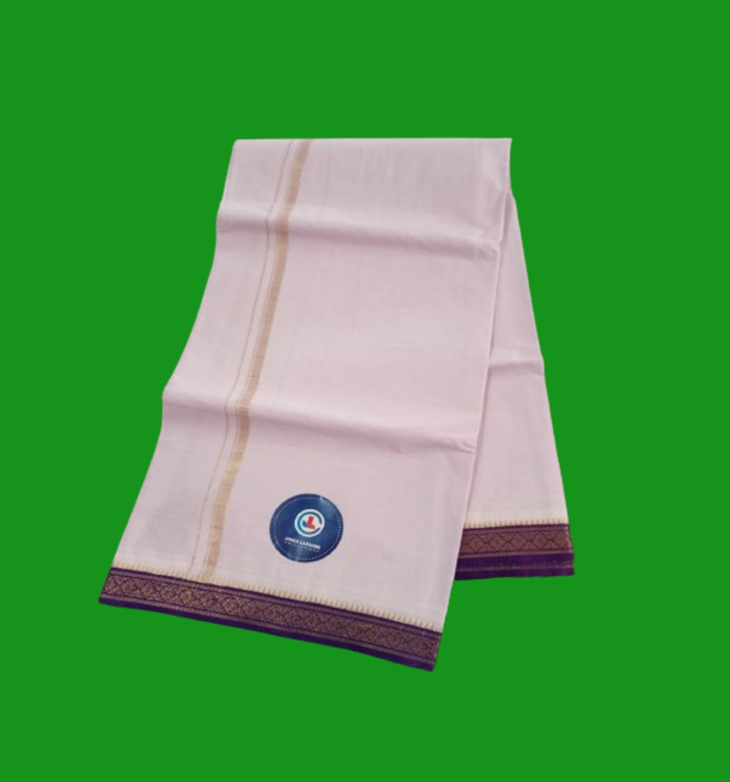 White Cotton Dhoti 4 Meters With Small Border Unstitched (Blue)