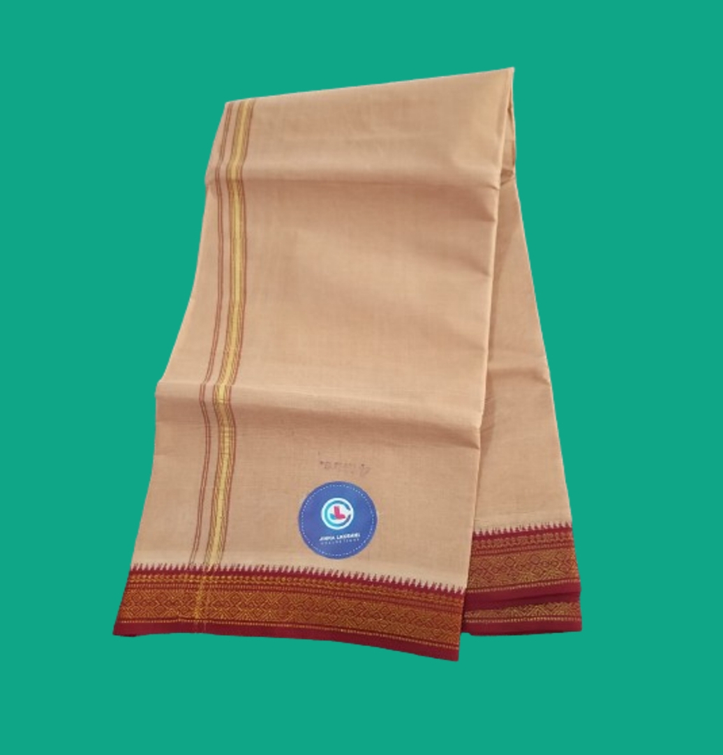 Biege Color Cotton Dhoti 4 Meters With Big Border Unstitched (Maroon)