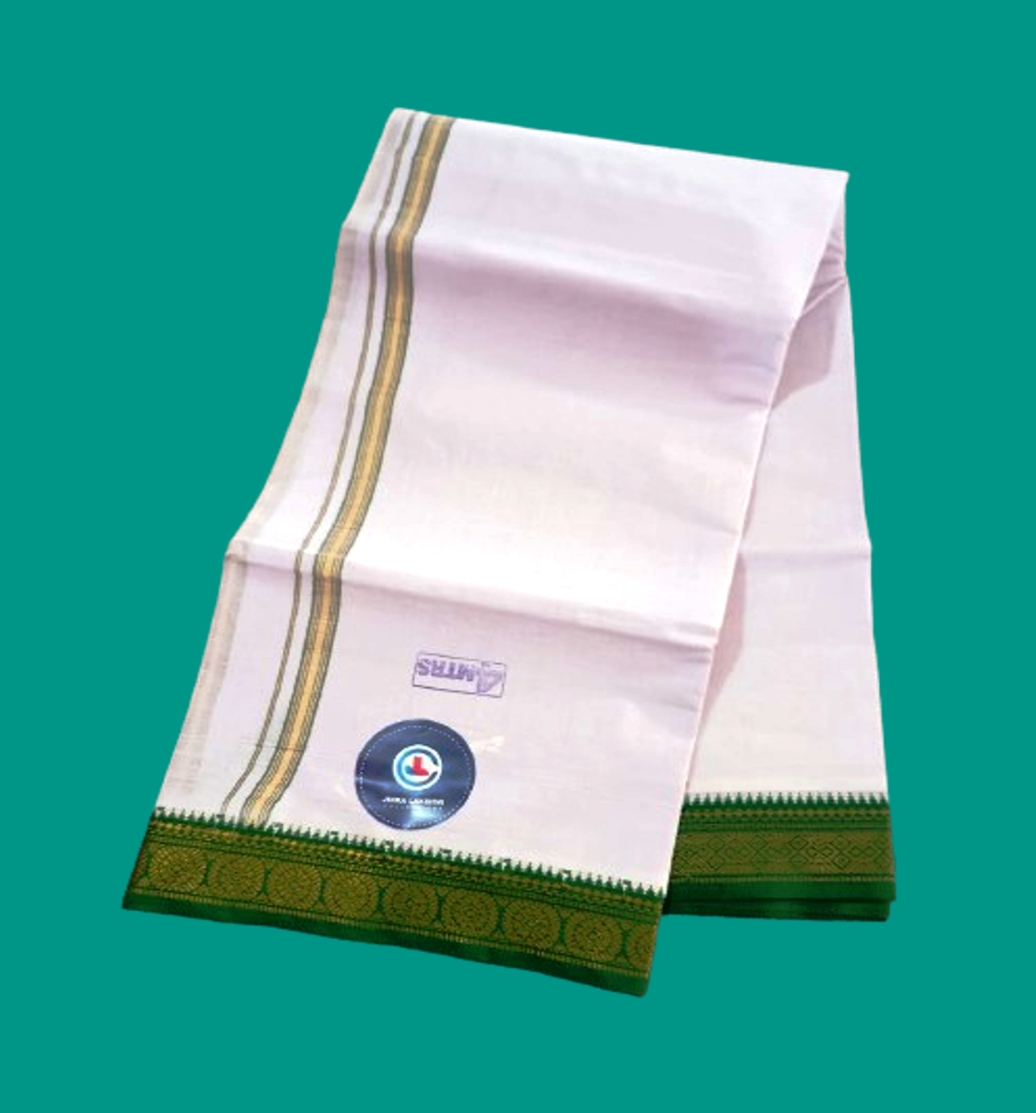 White Cotton Dhoti 4 Meters With Big Border Unstitched (Green)