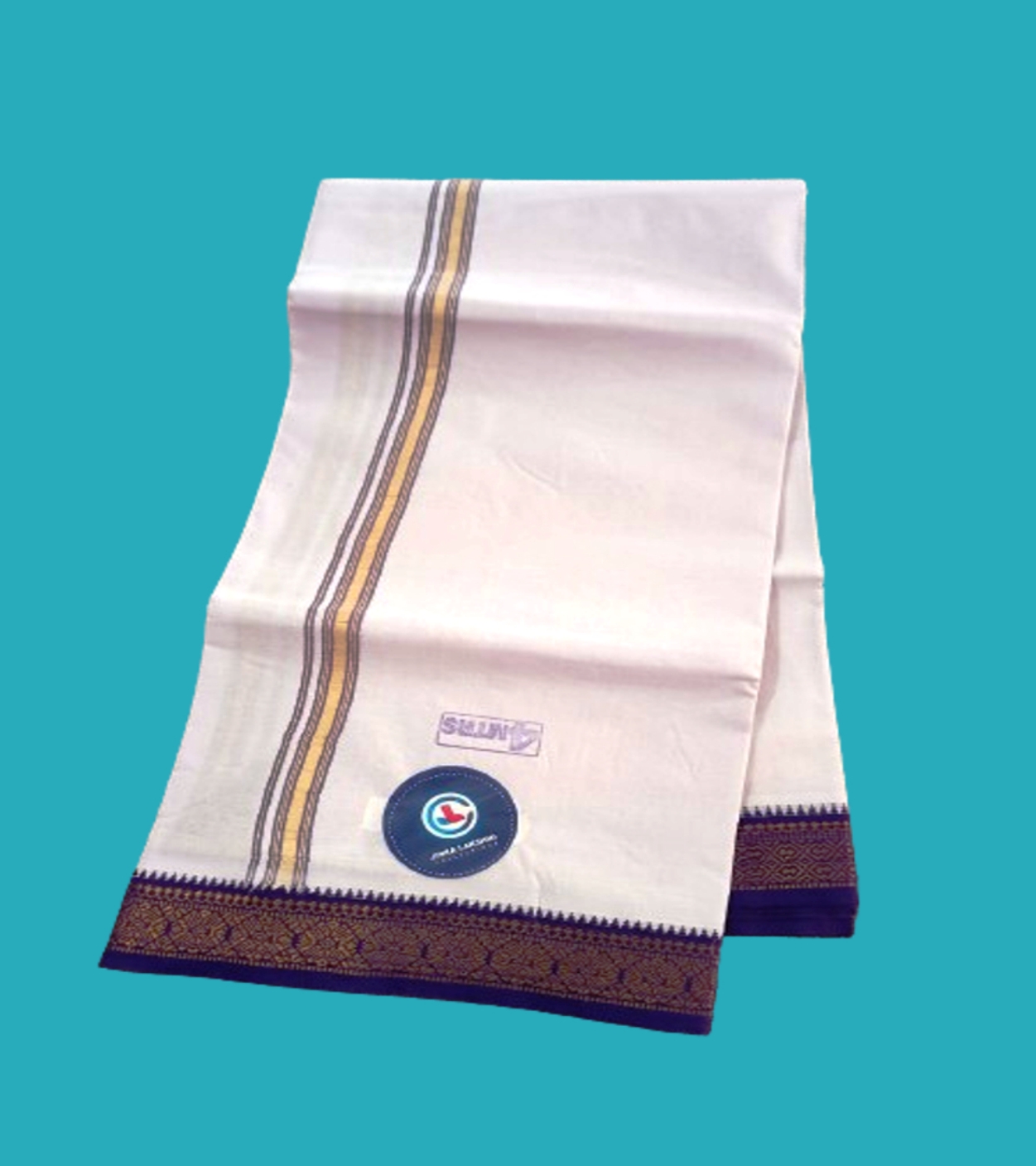 White Cotton Dhoti 4 Meters With Big Border Unstitched (Blue)